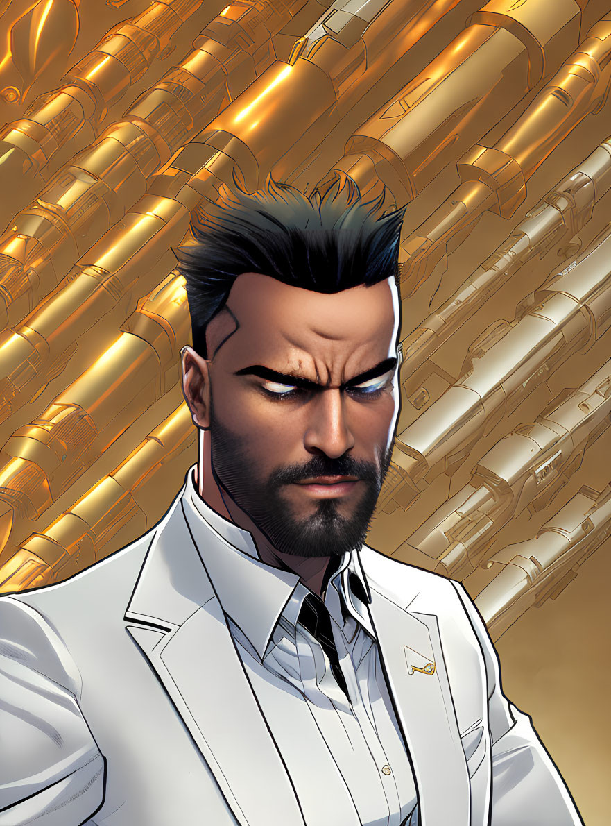 Bearded man in white suit on golden tech backdrop