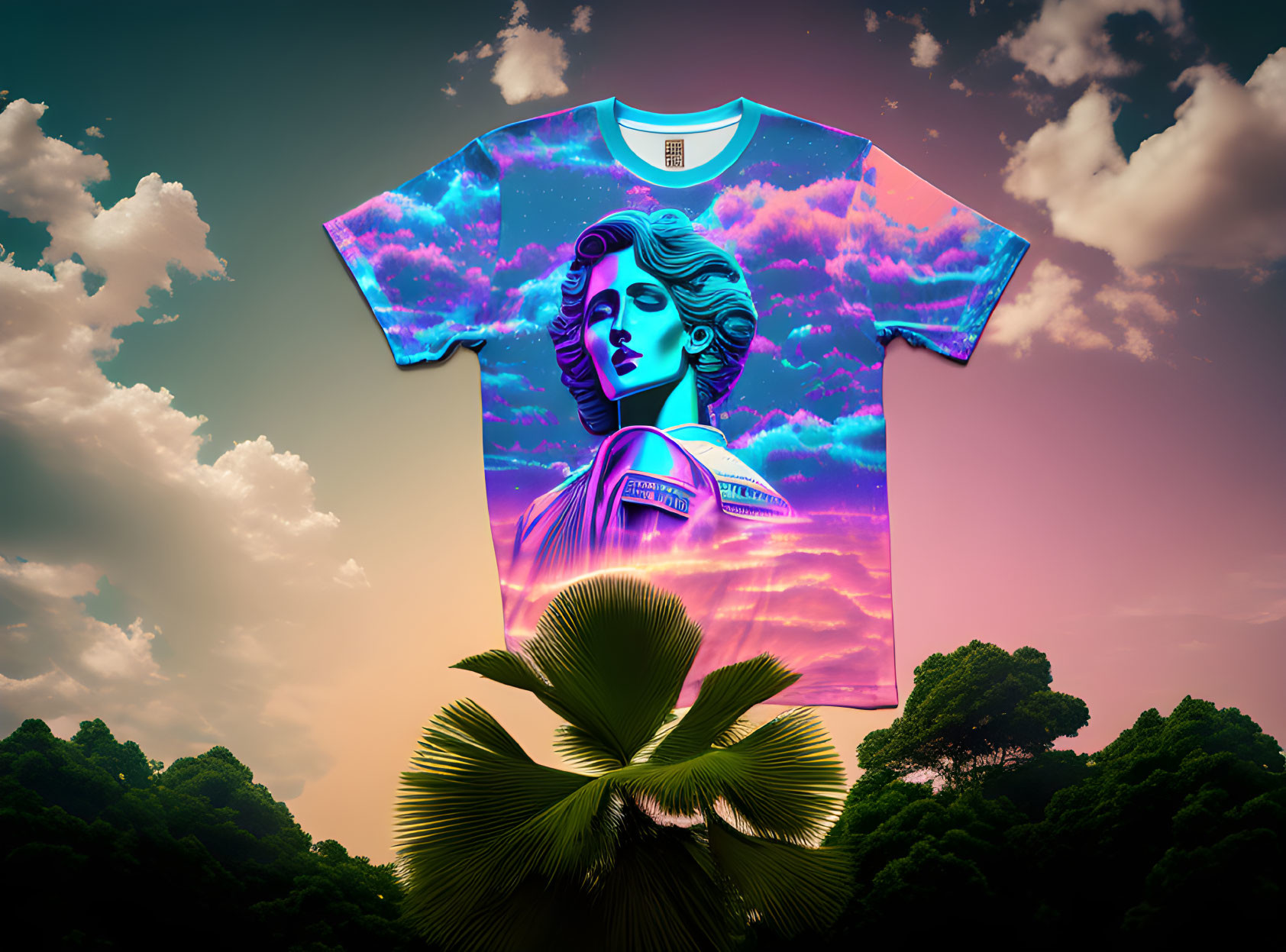 Neon blue female portrait on vibrant retro-futuristic T-shirt