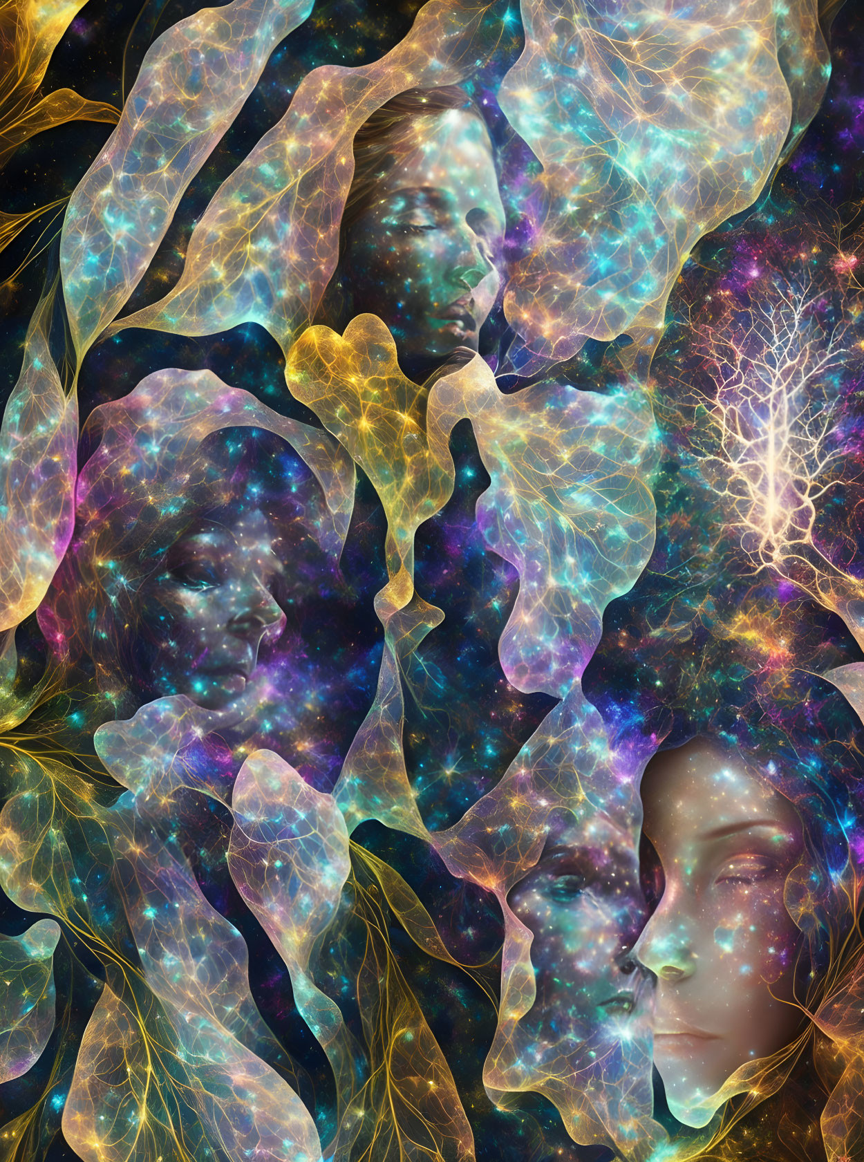 Abstract digital artwork: Ethereal human faces merge with cosmic and botanical elements in a vibrant color palette