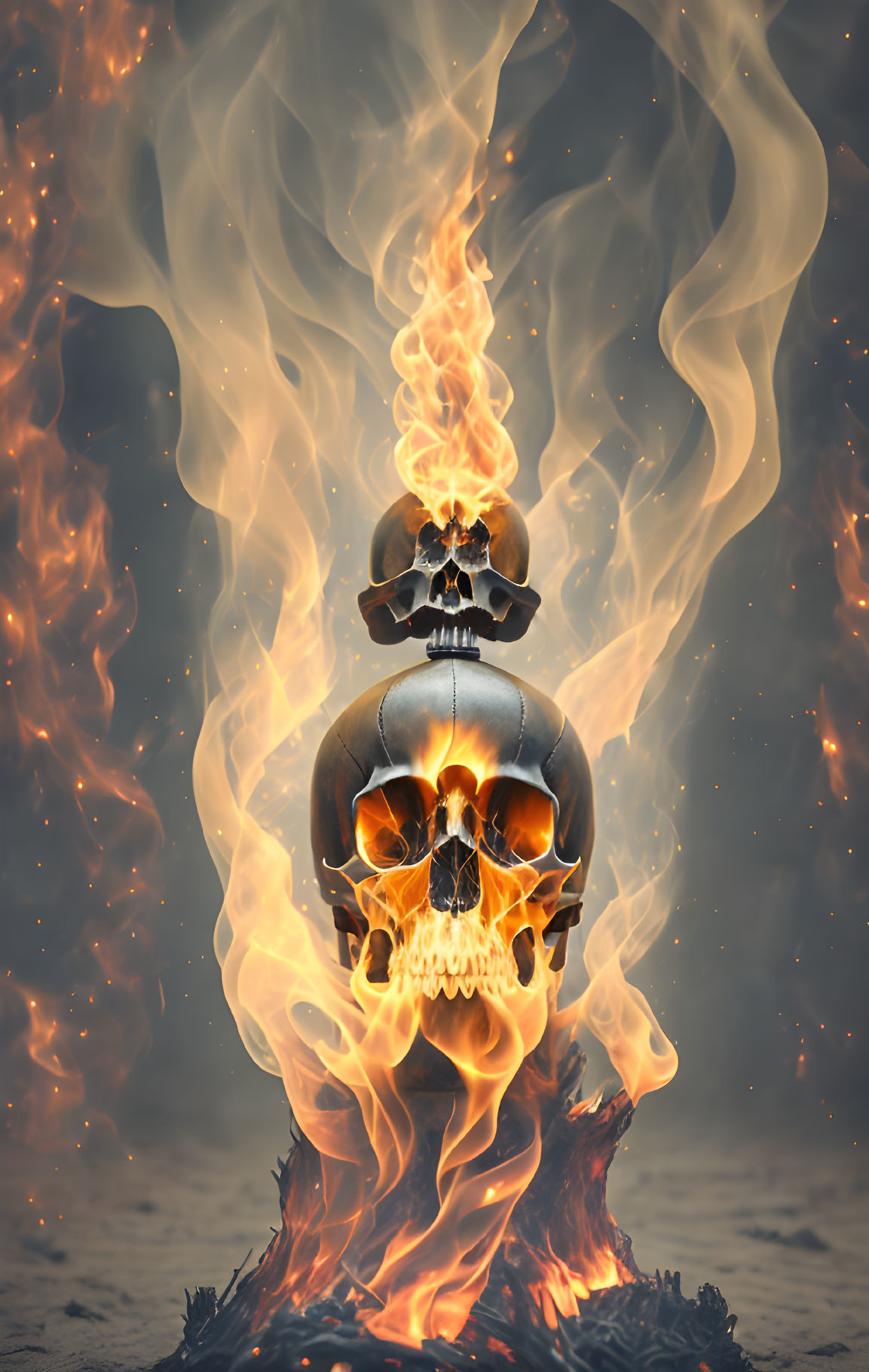 Three stacked skulls engulfed in flames and smoke on murky background