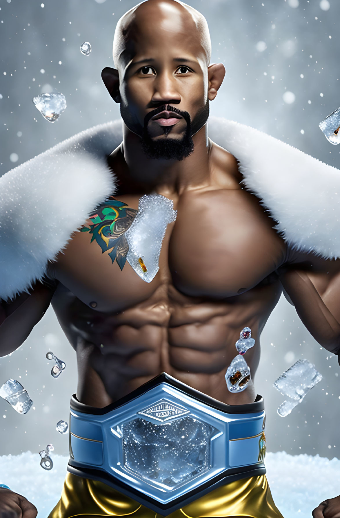 Bearded man in fur-trimmed cape with ice-themed championship belt surrounded by falling ice crystals