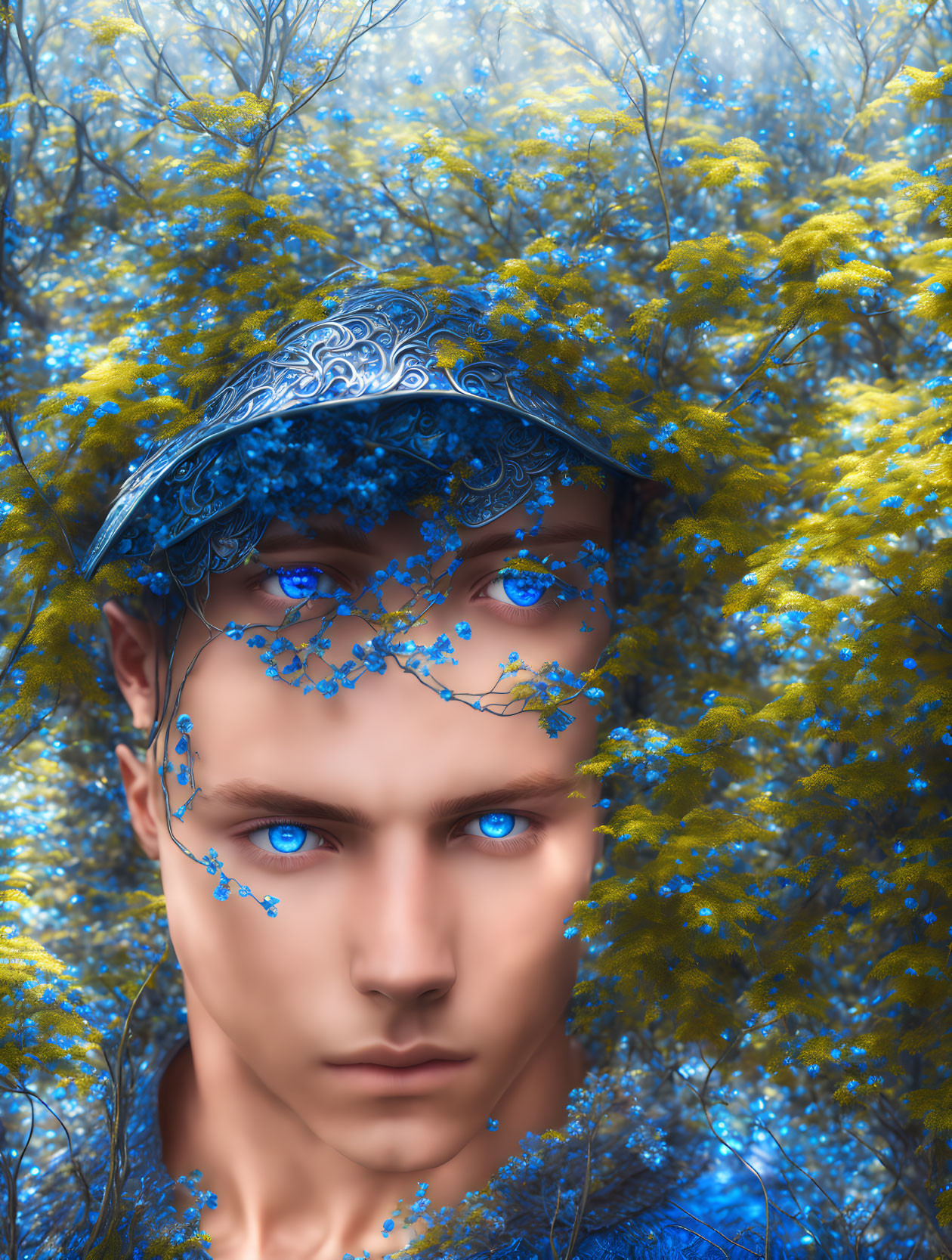 Digital Artwork: Person with Striking Blue Eyes and Ornate Silver Headpiece in Surreal F