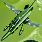 Camouflaged military jets flying over green landscape