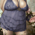 Digital illustration: Woman in blue lingerie with floral patterns, lace details, delicate jewelry, and romantic flower