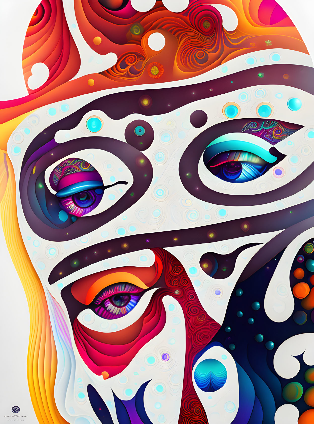 Colorful Abstract Face with Multiple Eyes and Swirling Patterns