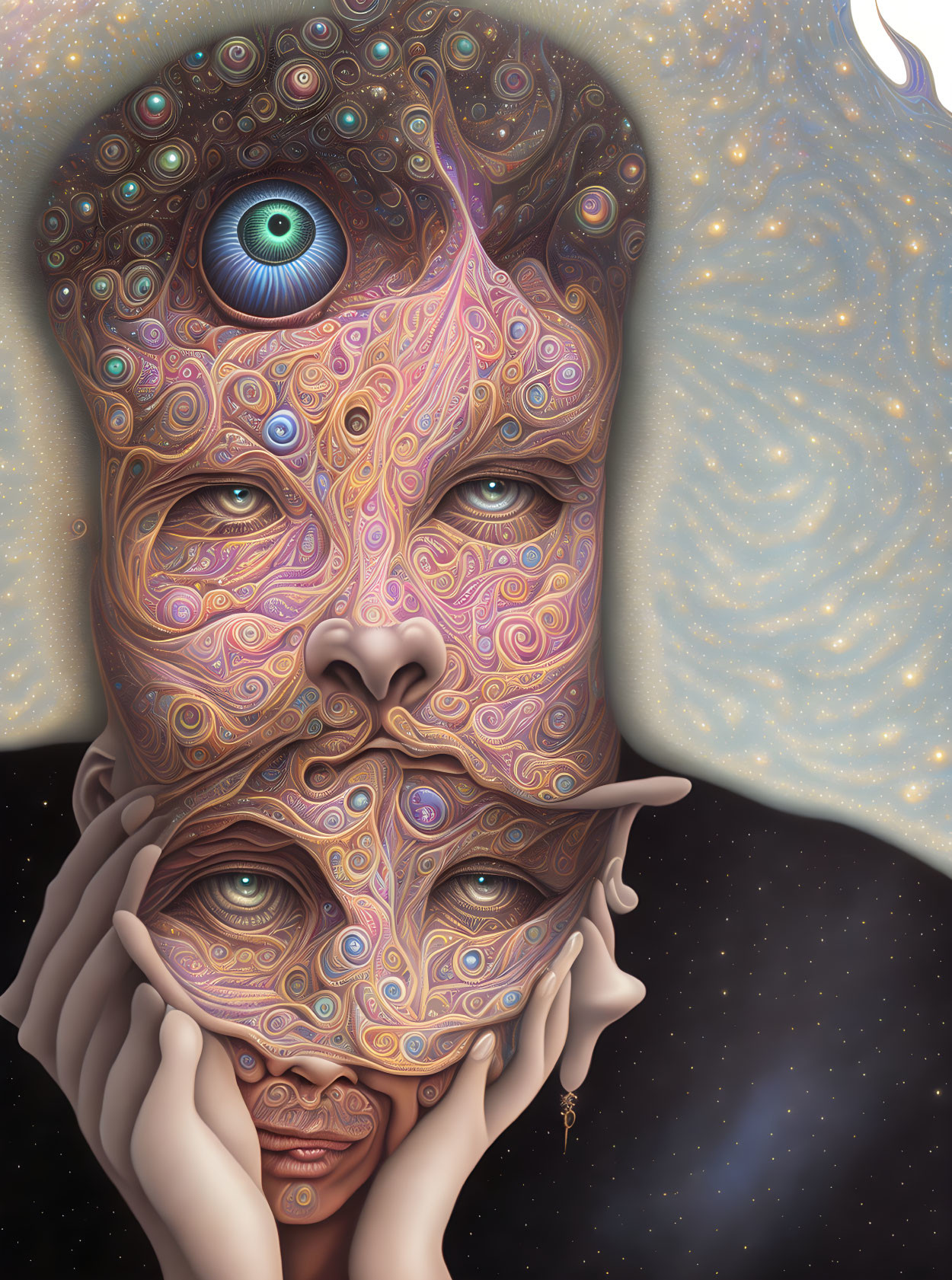 Surreal Art: Face of Multiple Faces and Eyes, Cosmic Background