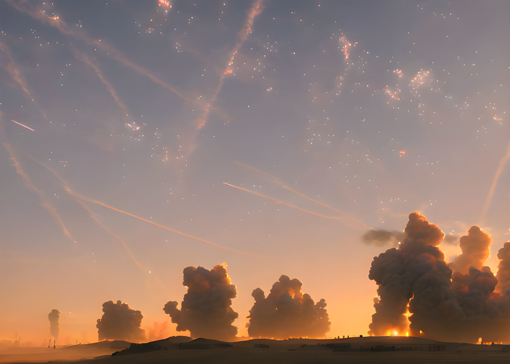 Orange Hued Dramatic Sky with Contrails Over Silhouetted Landscapes