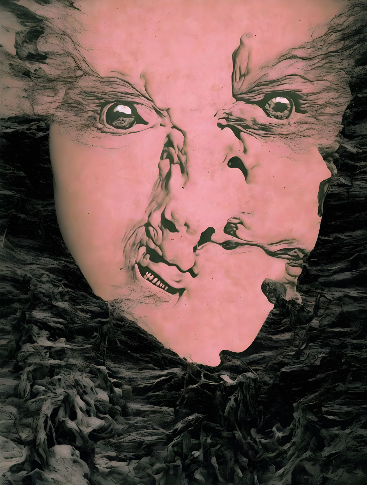 Surreal distorted face with melting features on dark background