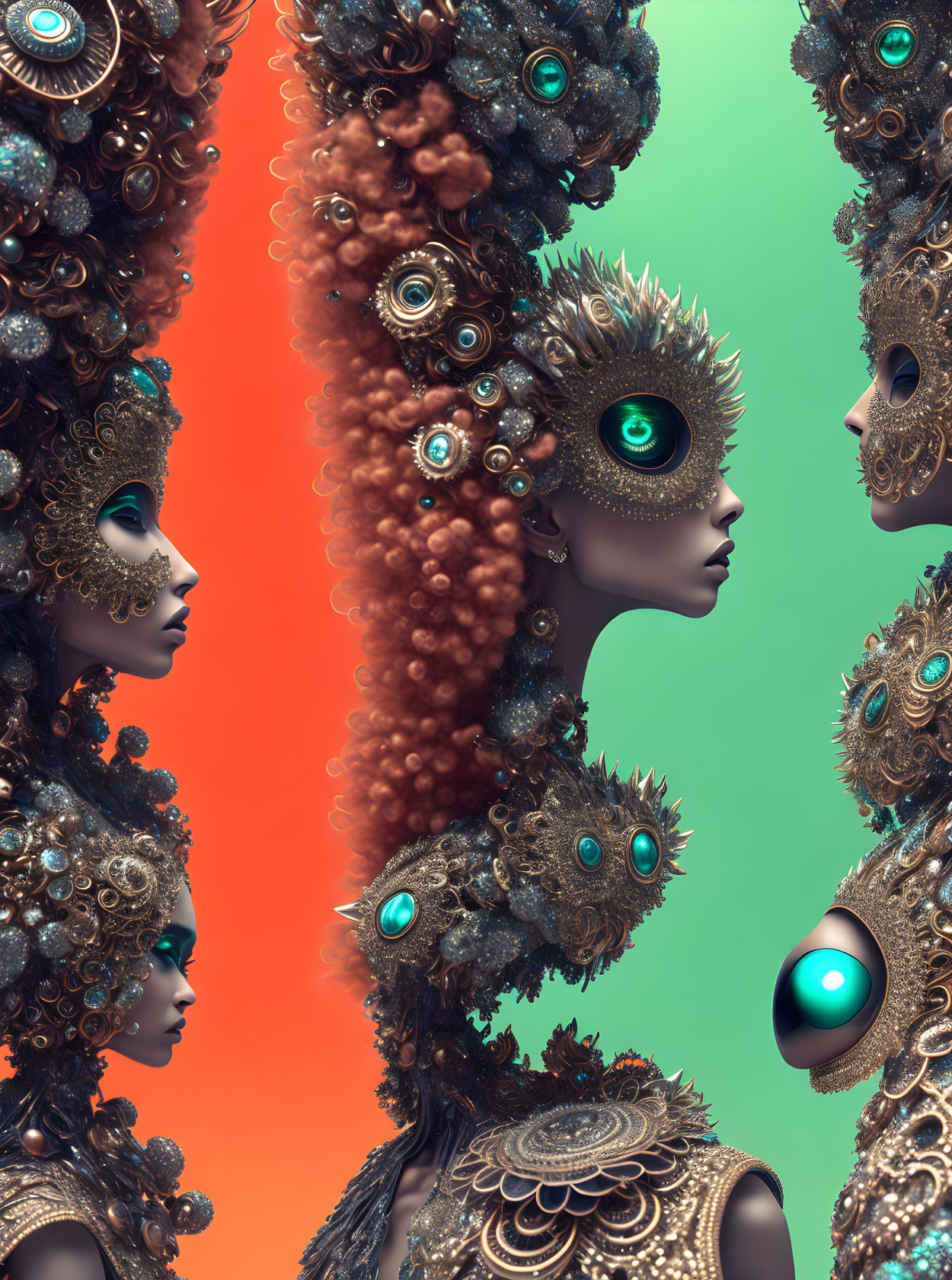 Metallic humanoid figures with ornate headpieces and teal eyes on gradient backdrop