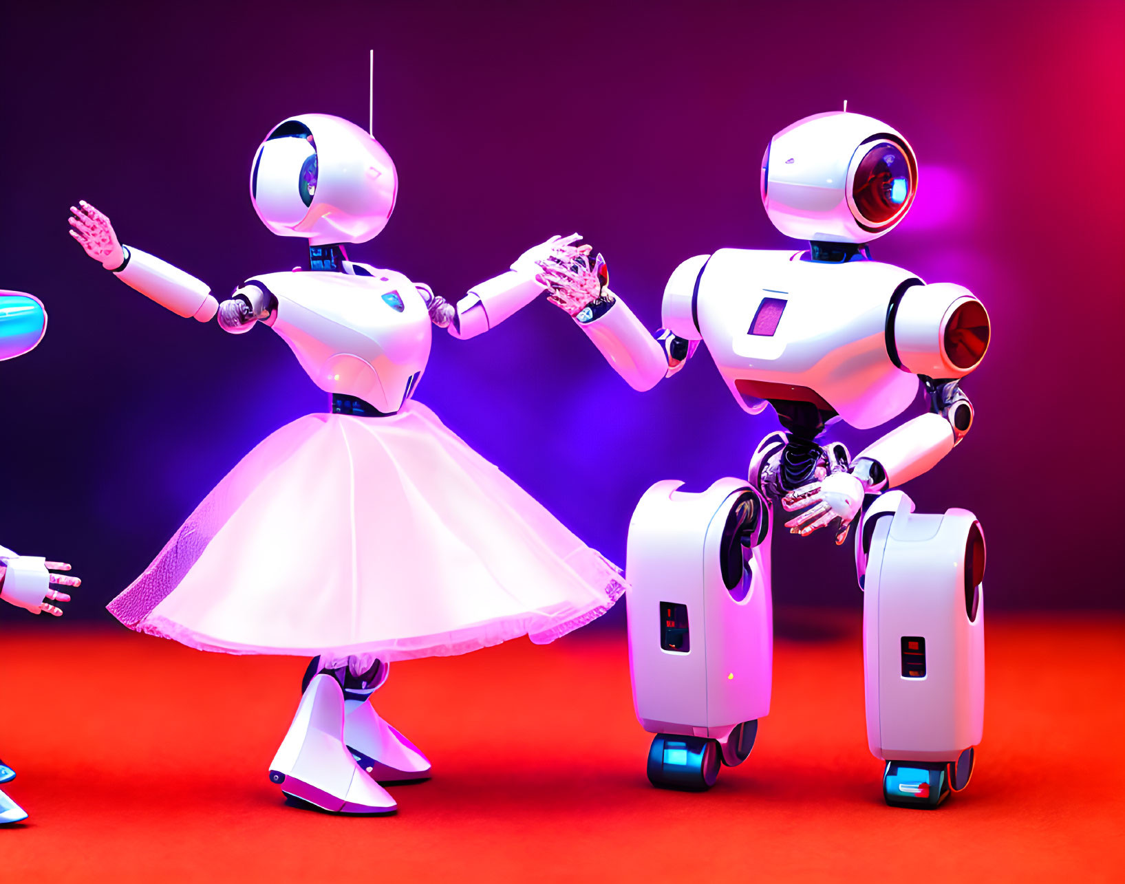 White and Blue Humanoid Robots Dancing on Pink and Purple Background