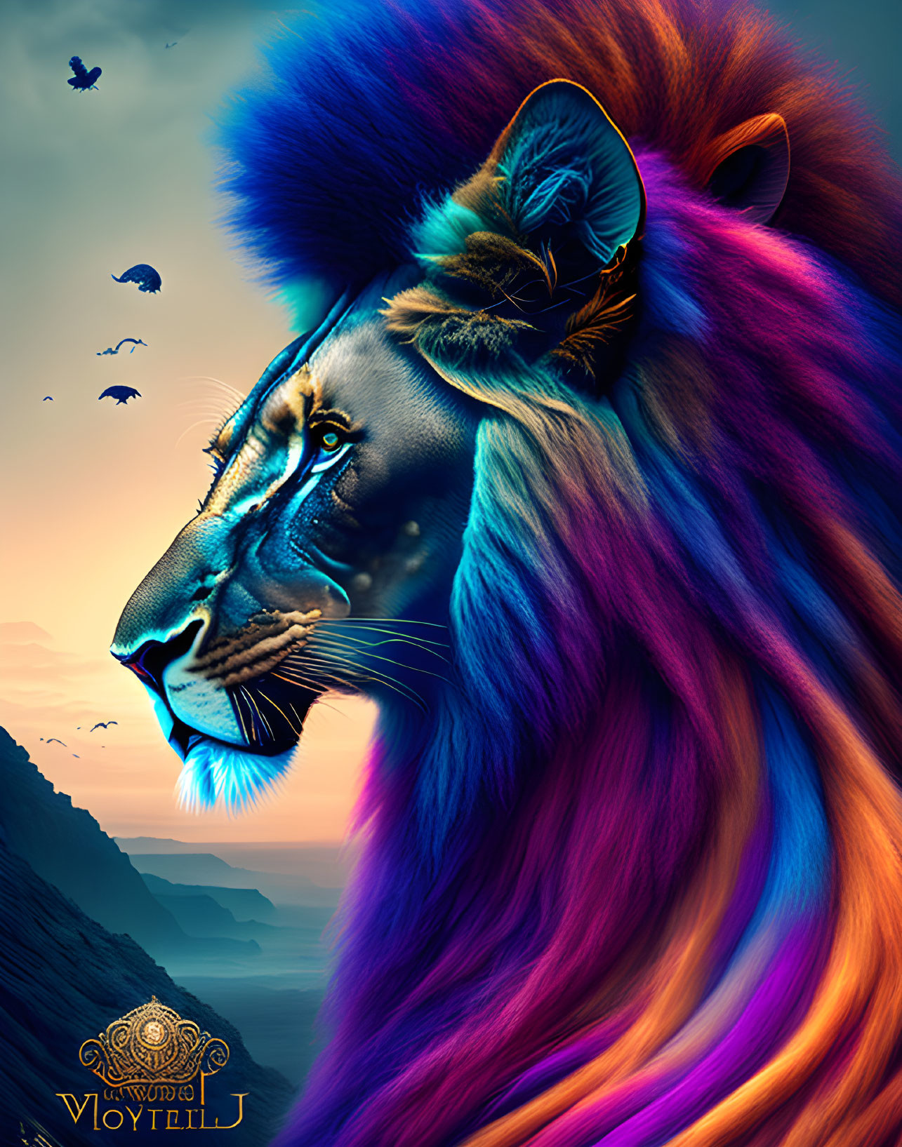 Colorful Lion Profile Artwork with Sunset Backdrop