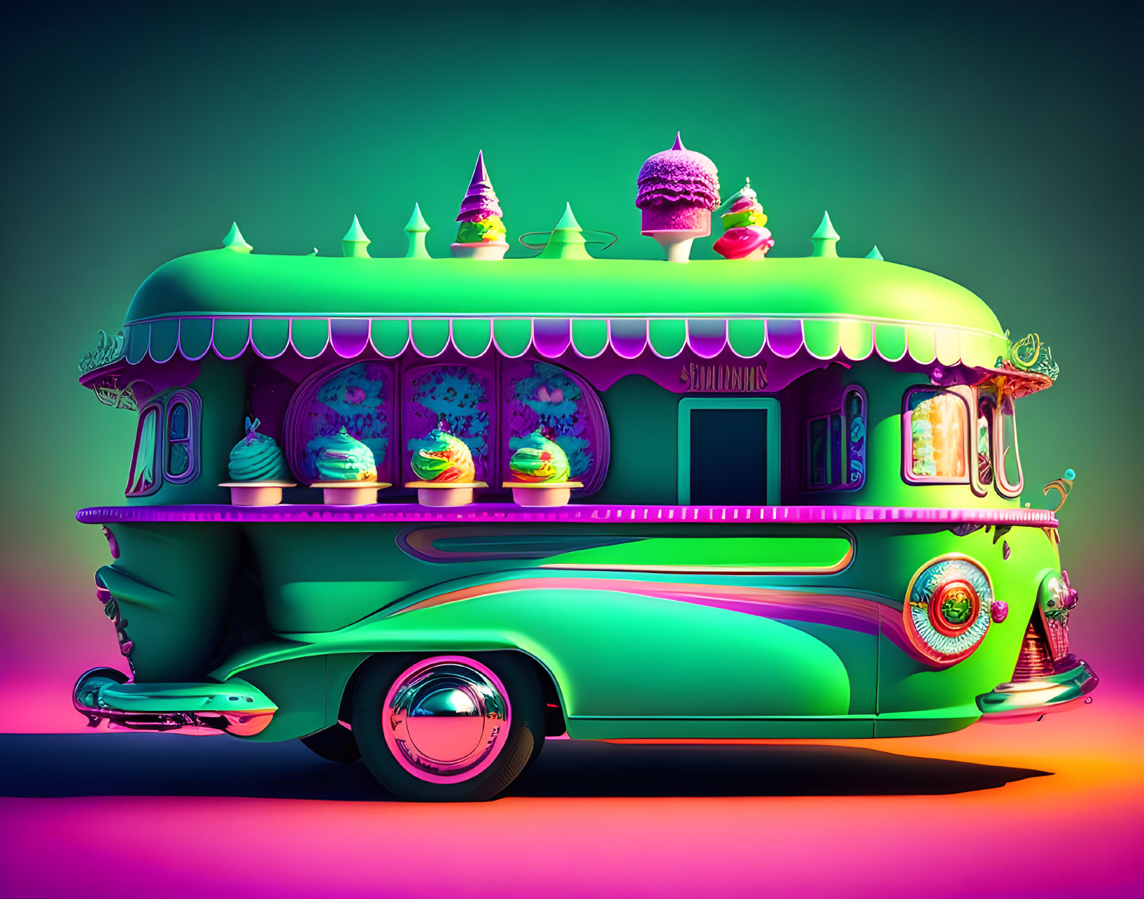 Whimsical retro bus turned dessert food truck with ice cream cone designs