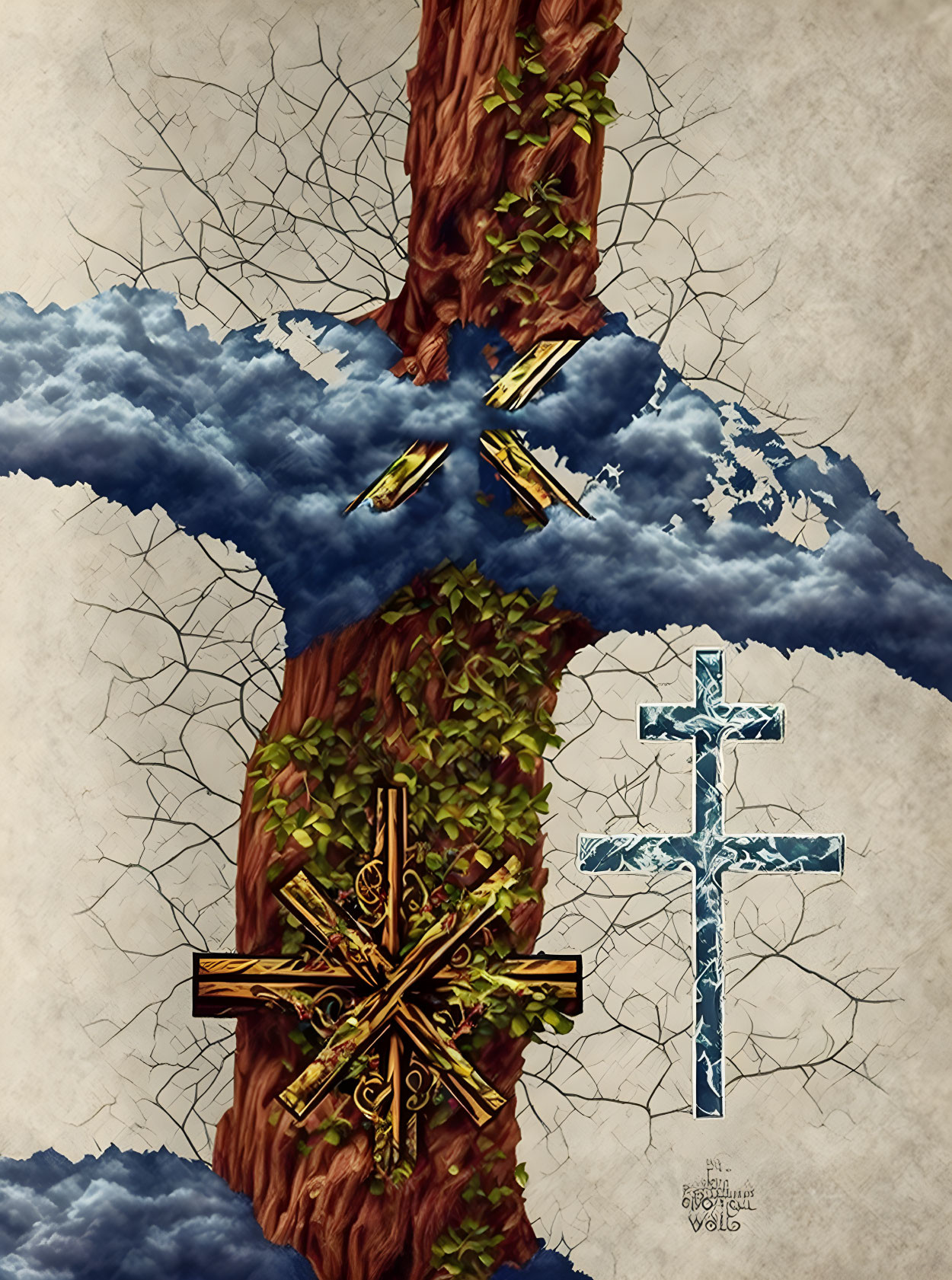 Surreal cross artwork with golden vines on tree trunk backdrop