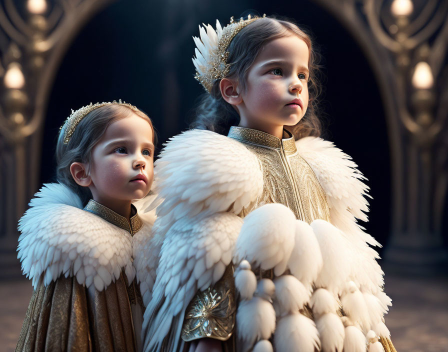 Young children in white feathered costumes with golden crowns in dark, gothic scene