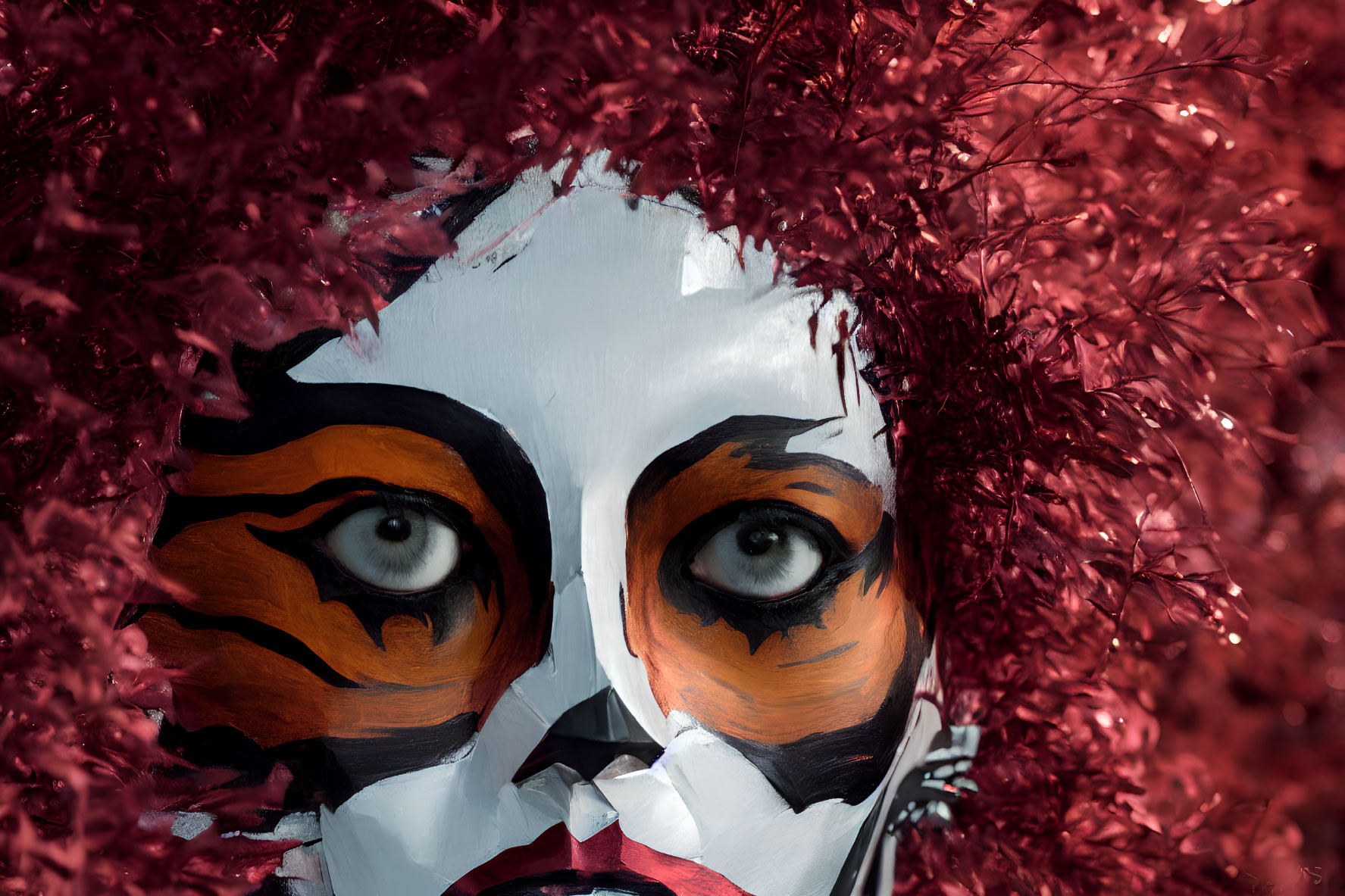 Person with Tiger-Inspired Face Paint in Red Foliage