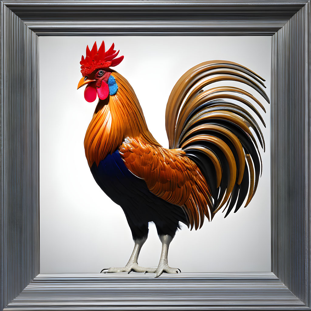 Vivid Red and Golden Rooster Portrait Framed Display