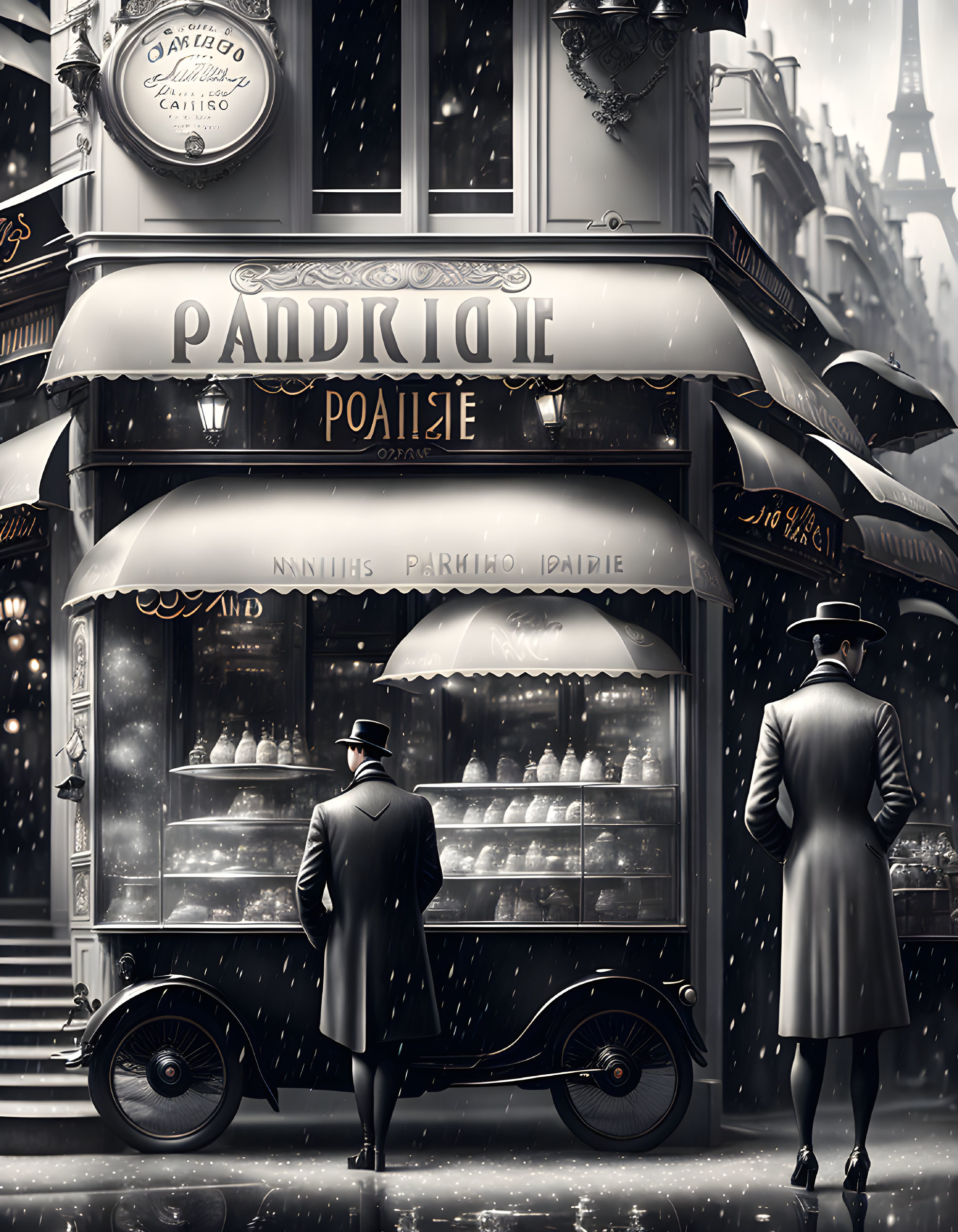 Two people outside Paris bakery at night in snowfall