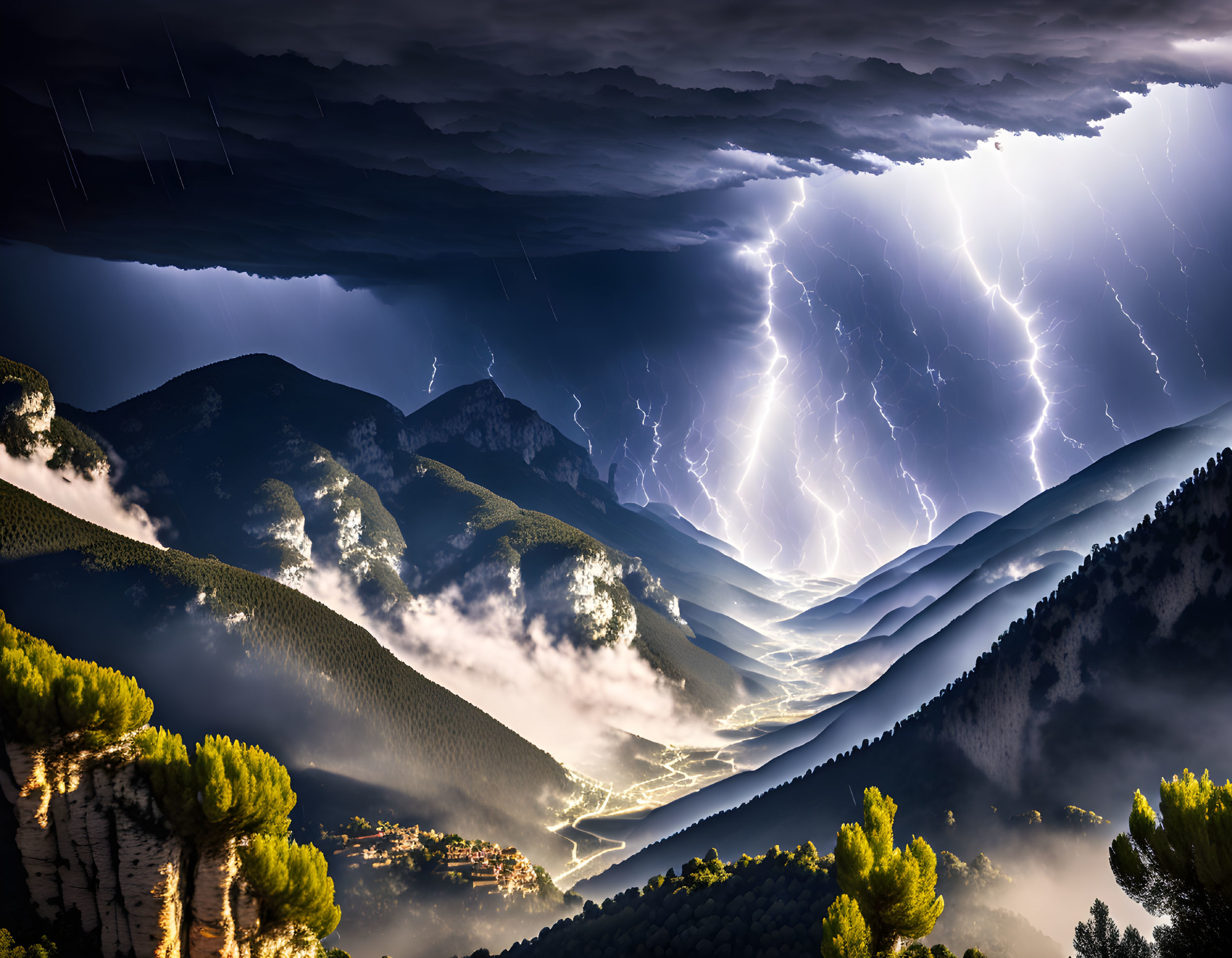 Stormy night mountain landscape with lightning strikes illuminating village.