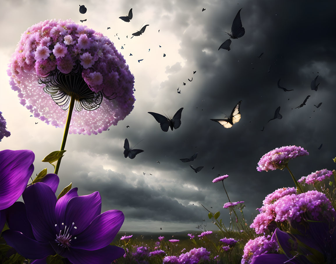 Surreal landscape with oversized purple flowers and butterflies under stormy sky