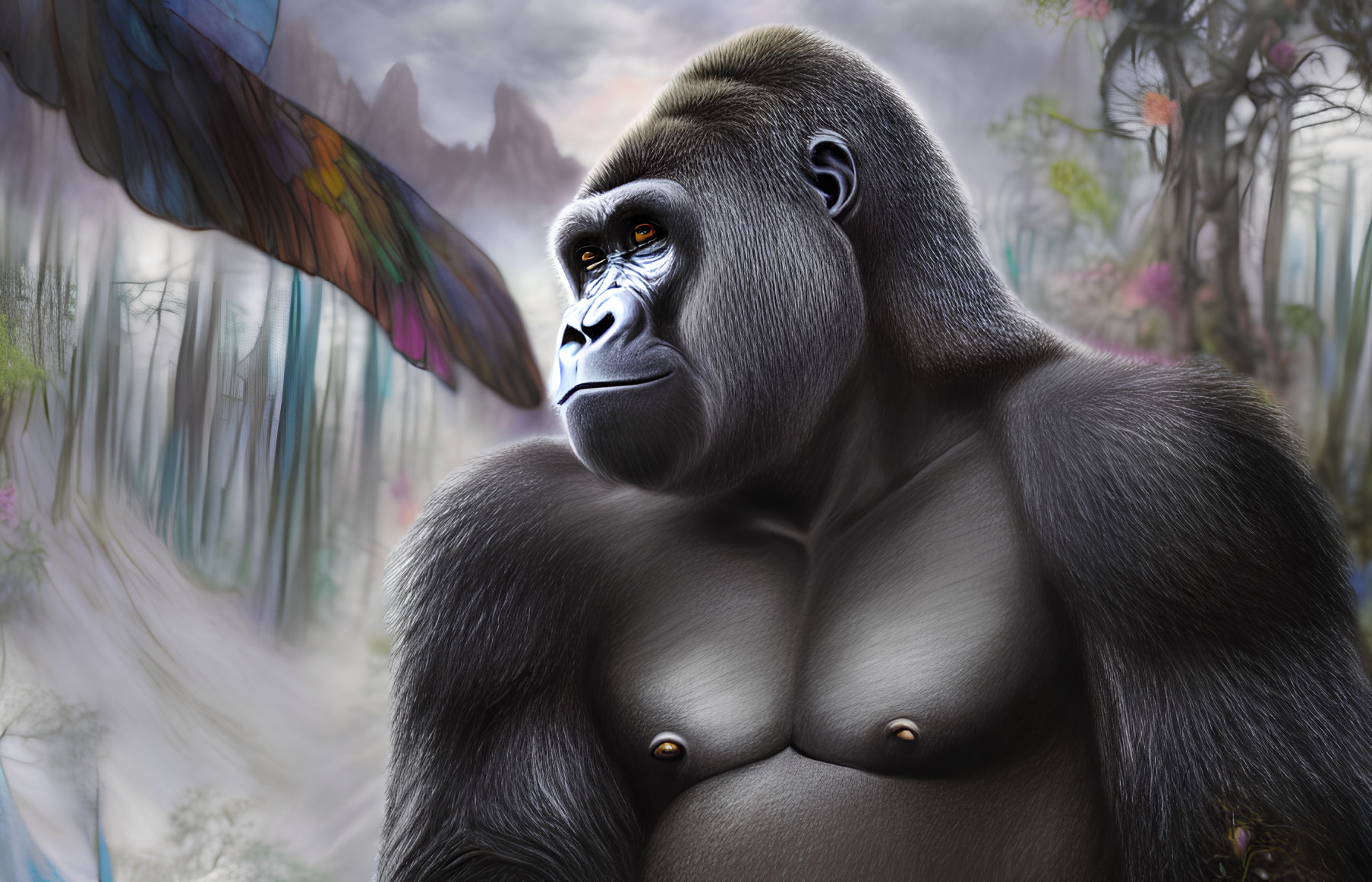 Realistic silverback gorilla illustration in contemplative pose amidst vibrant forest.