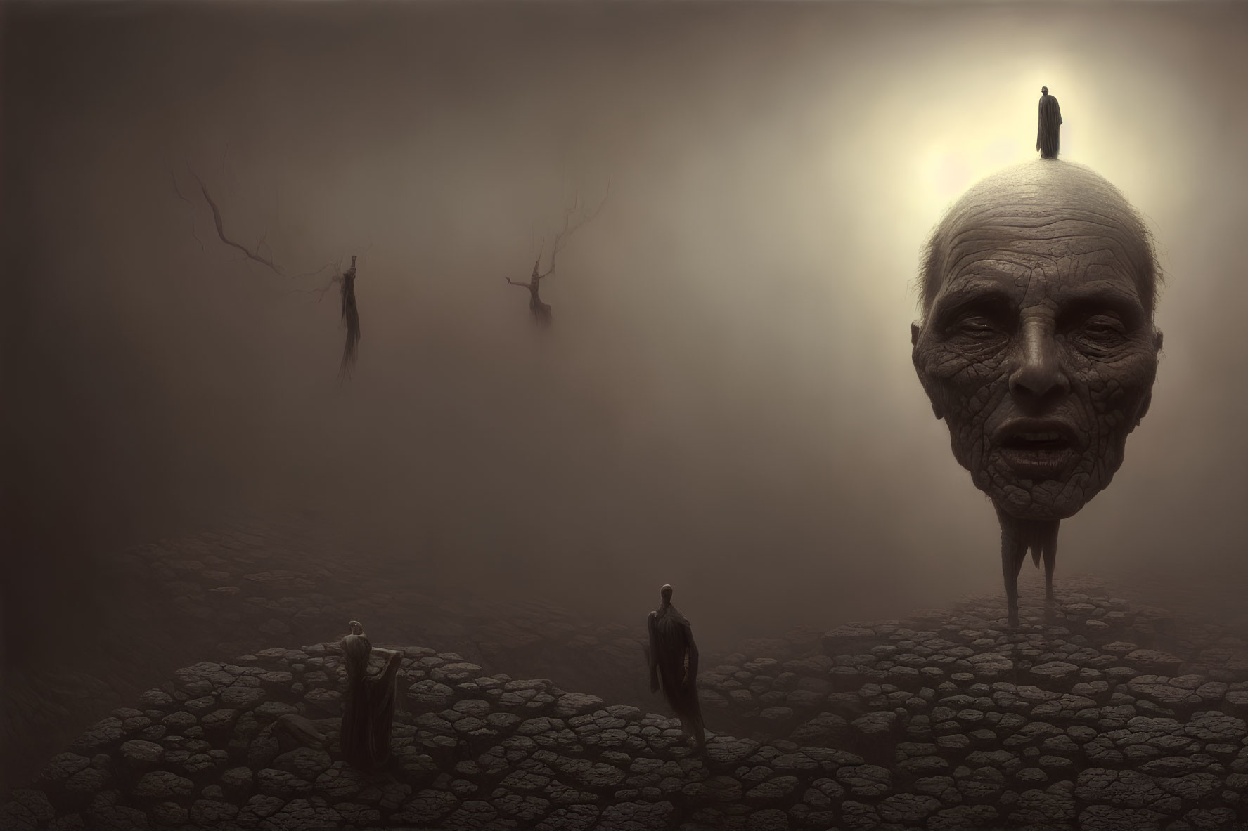 Surreal artwork featuring giant elderly face in mist with small figures.