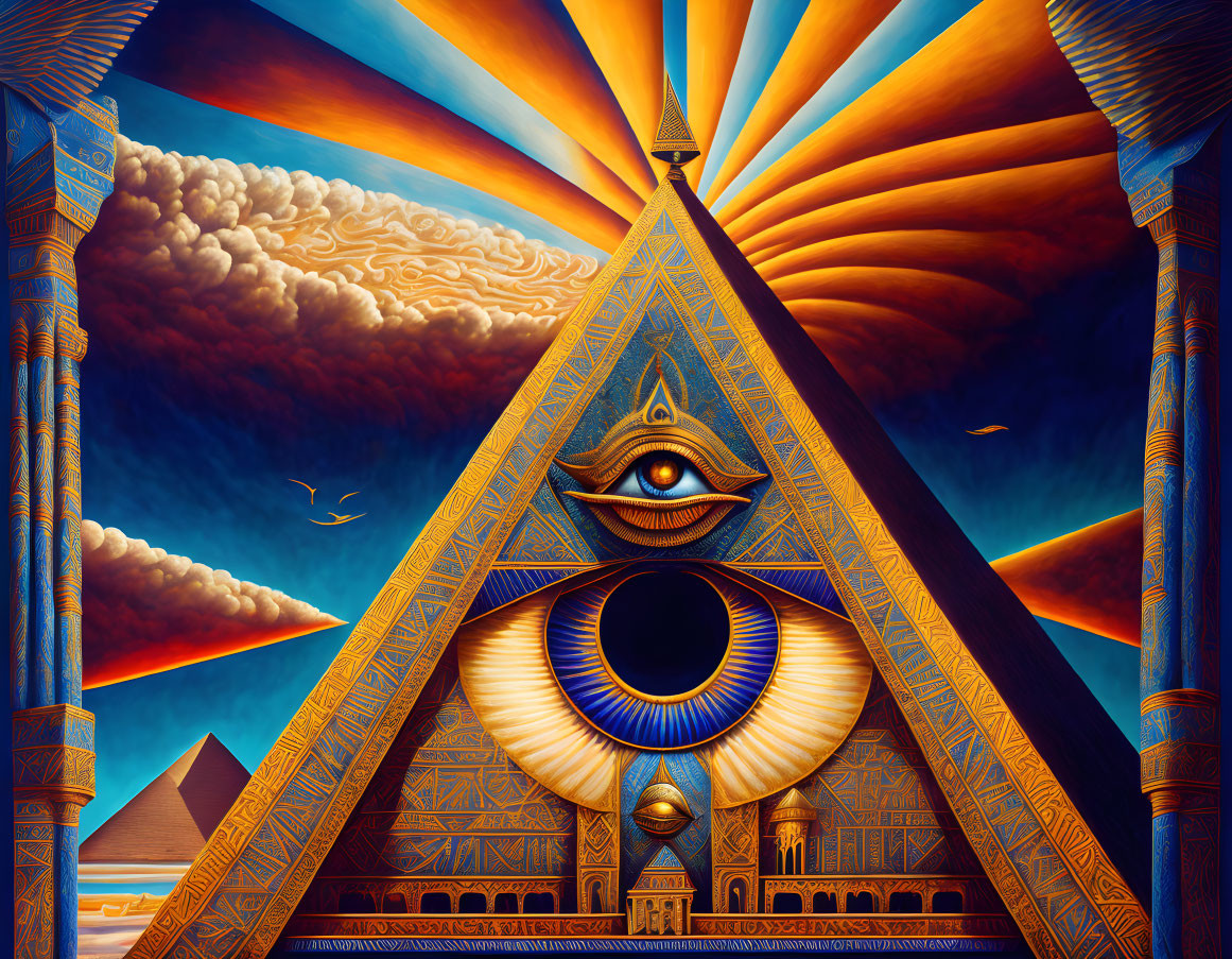 Artistic depiction of Eye of Providence on pyramid with Egyptian symbols, sun, clouds, pillars, and