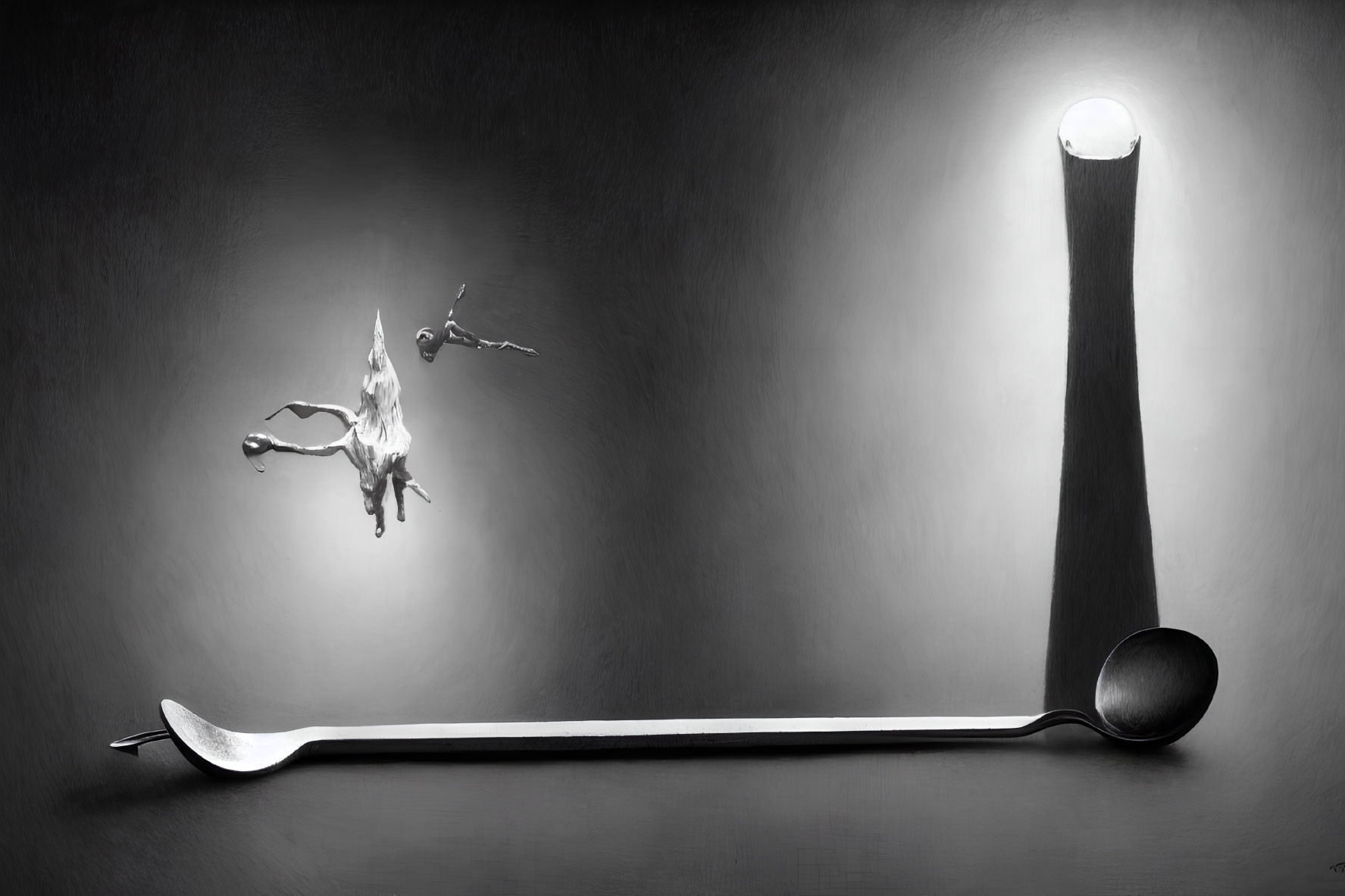 Surreal black and white artwork: tiny people diving into spoon pool, illuminated by giant fork with