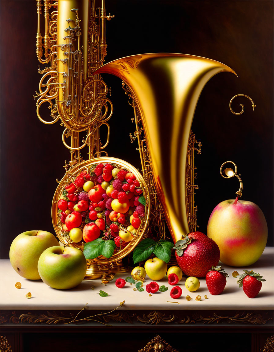 Brass wind instruments with fruit and golden decor on dark background