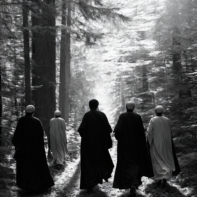 Monochrome image of five figures in robes walking in misty forest