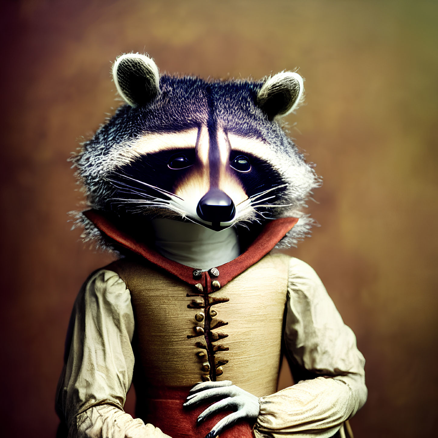 Whimsical raccoon portrait in vintage attire