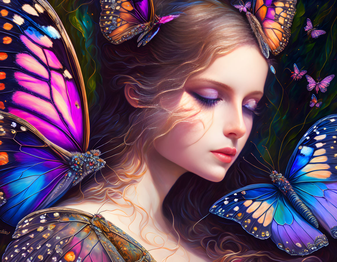 Fantasy portrait of a woman with butterfly wings and colorful surroundings