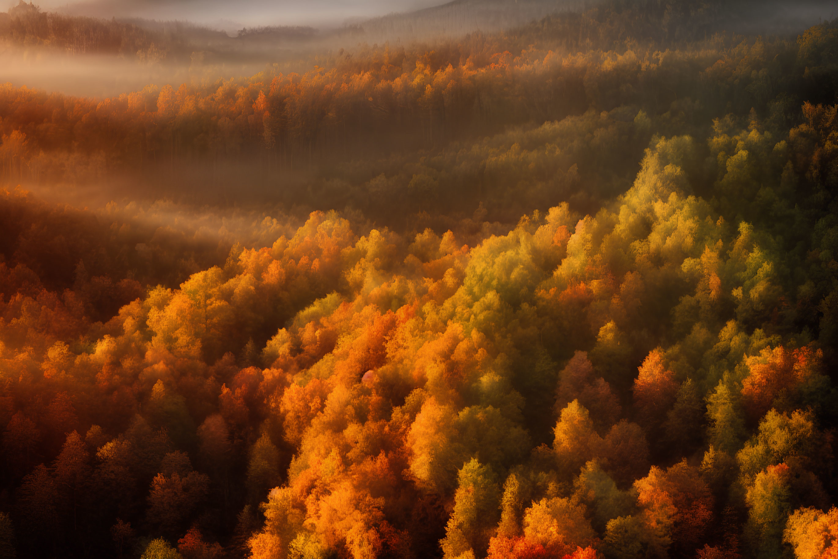 Autumn forest aerial view with orange and yellow canopy under warm light and mist.