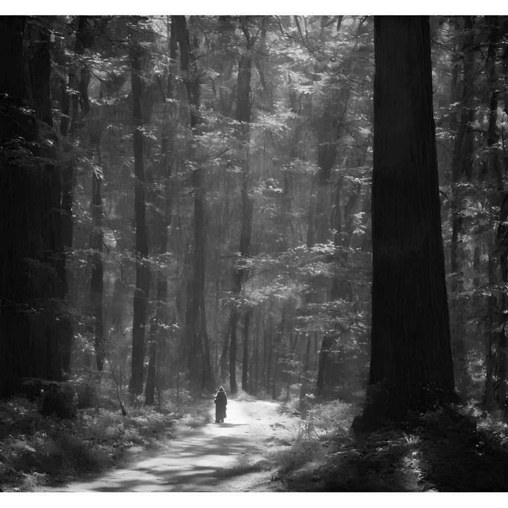 Figure walking on forest path among towering trees with misty light.