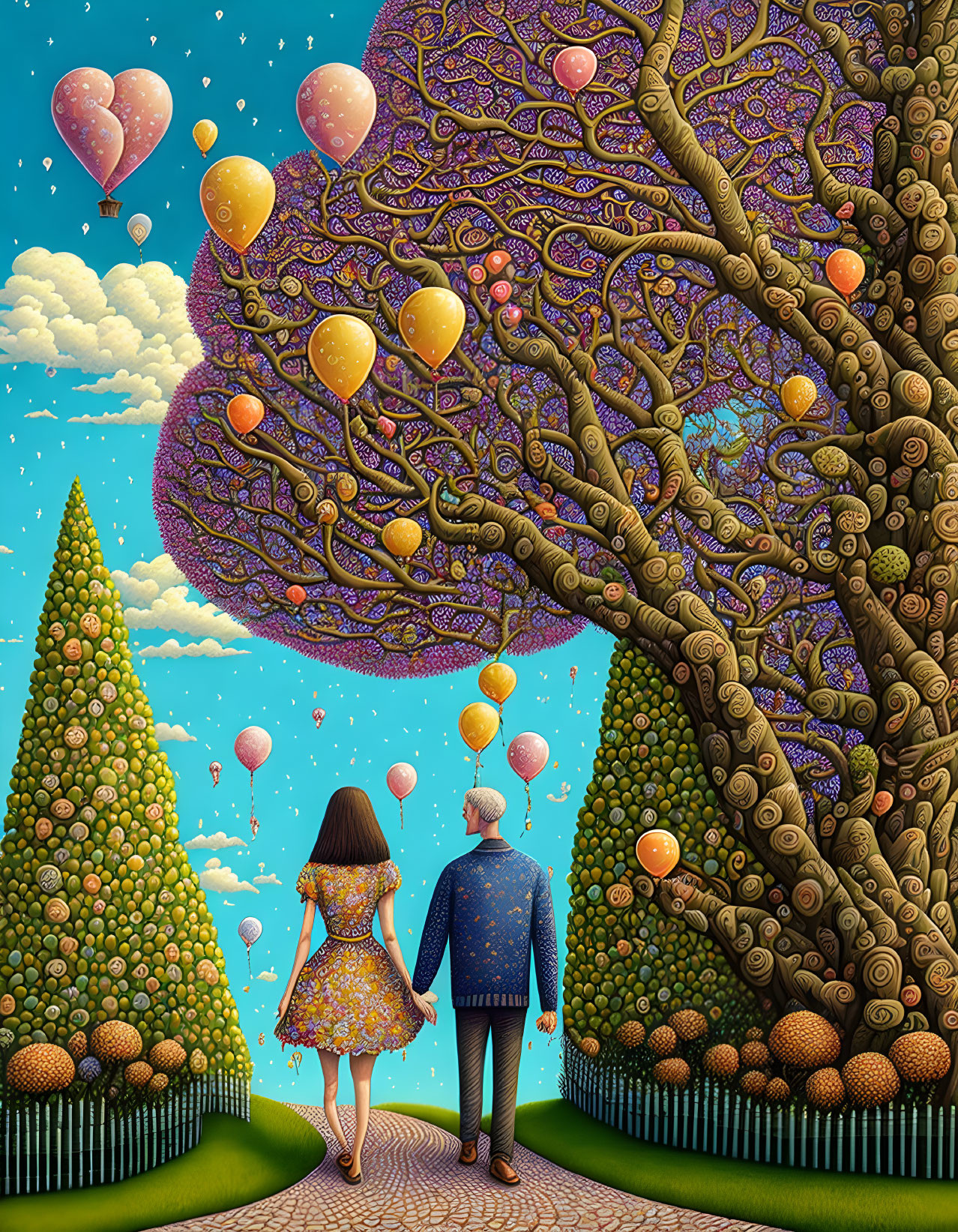 Couple Holding Hands Under Whimsical Tree with Balloons and Greenery