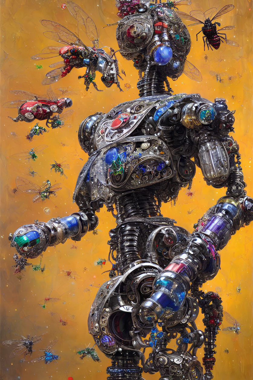 Detailed Robotic Figure with Mechanical Bees on Honey-Like Background