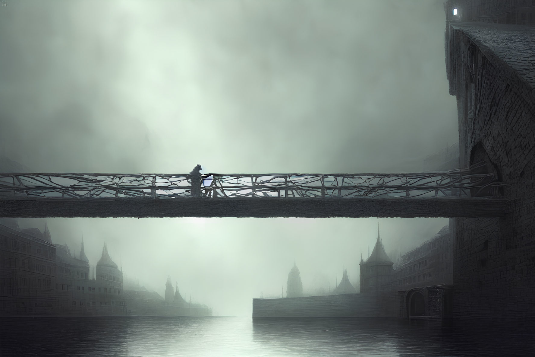 Solitary figure walking on narrow bridge in misty gothic cityscape