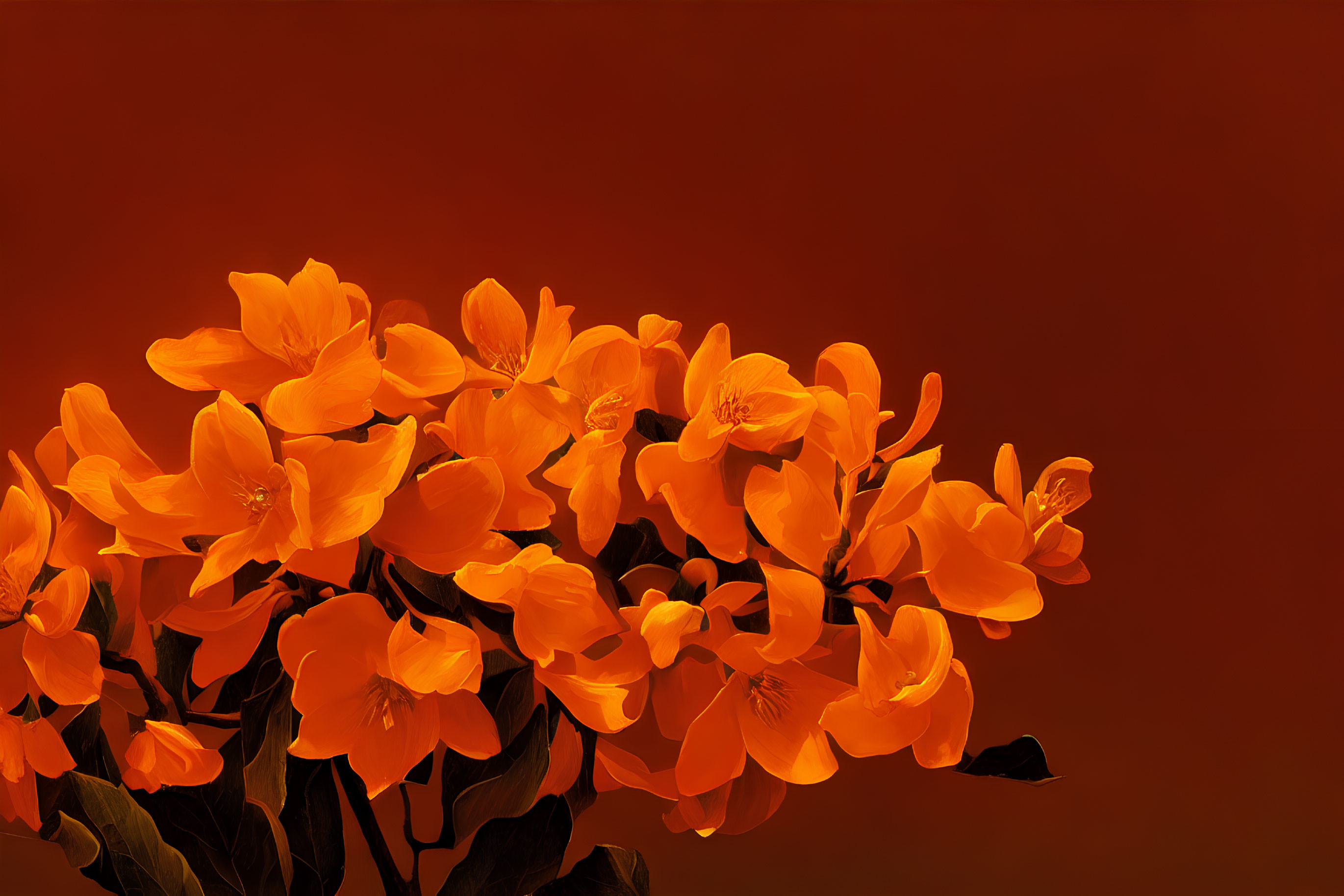 Bright orange bougainvillea flowers on warm amber background