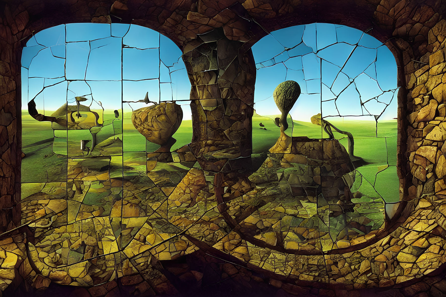 Surreal landscape with distorted fields, tree, and floating islands through broken window