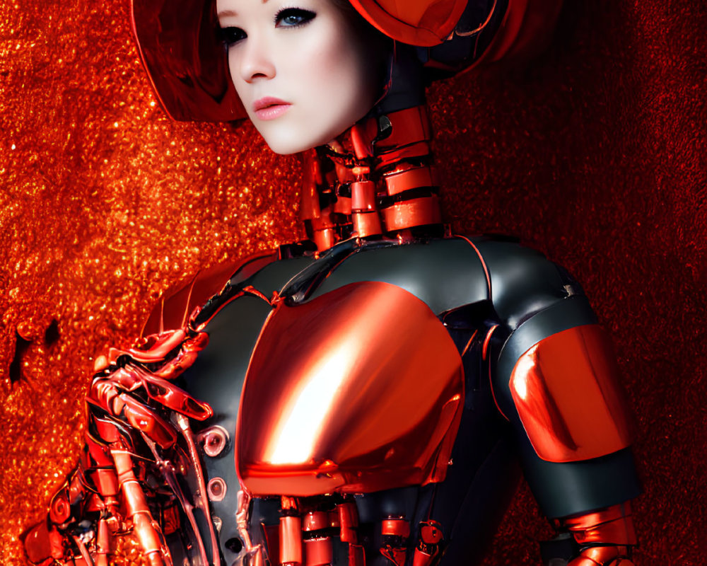 Reflective red humanoid robot with futuristic helmet on red backdrop