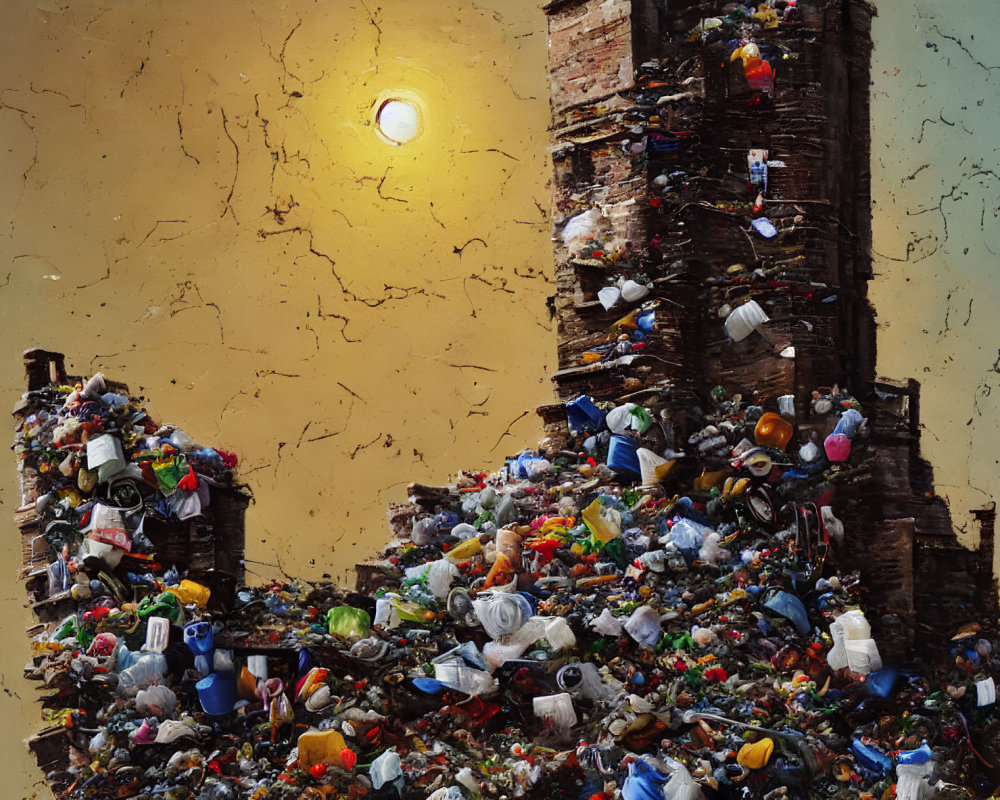 Assorted garbage pile against cracking wall under single light source