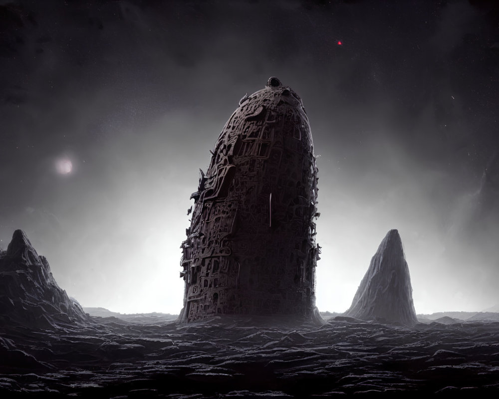 Monolithic structure on dark rocky landscape under star-filled sky