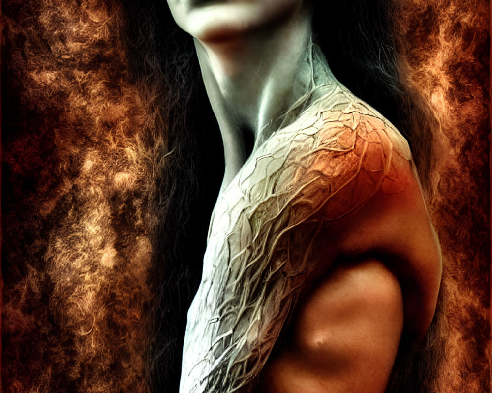 Surreal portrait of person with ashen skin and bark-like shoulder detail