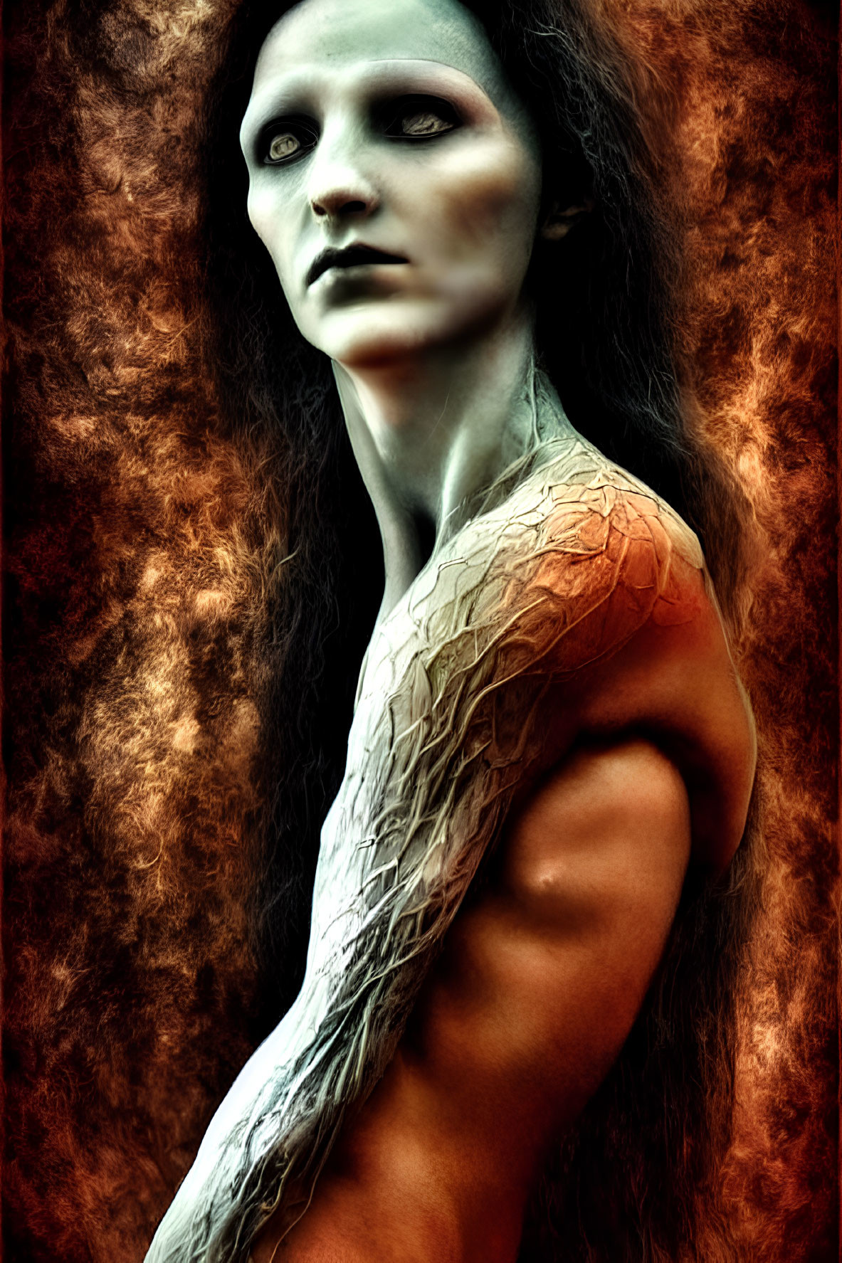 Surreal portrait of person with ashen skin and bark-like shoulder detail