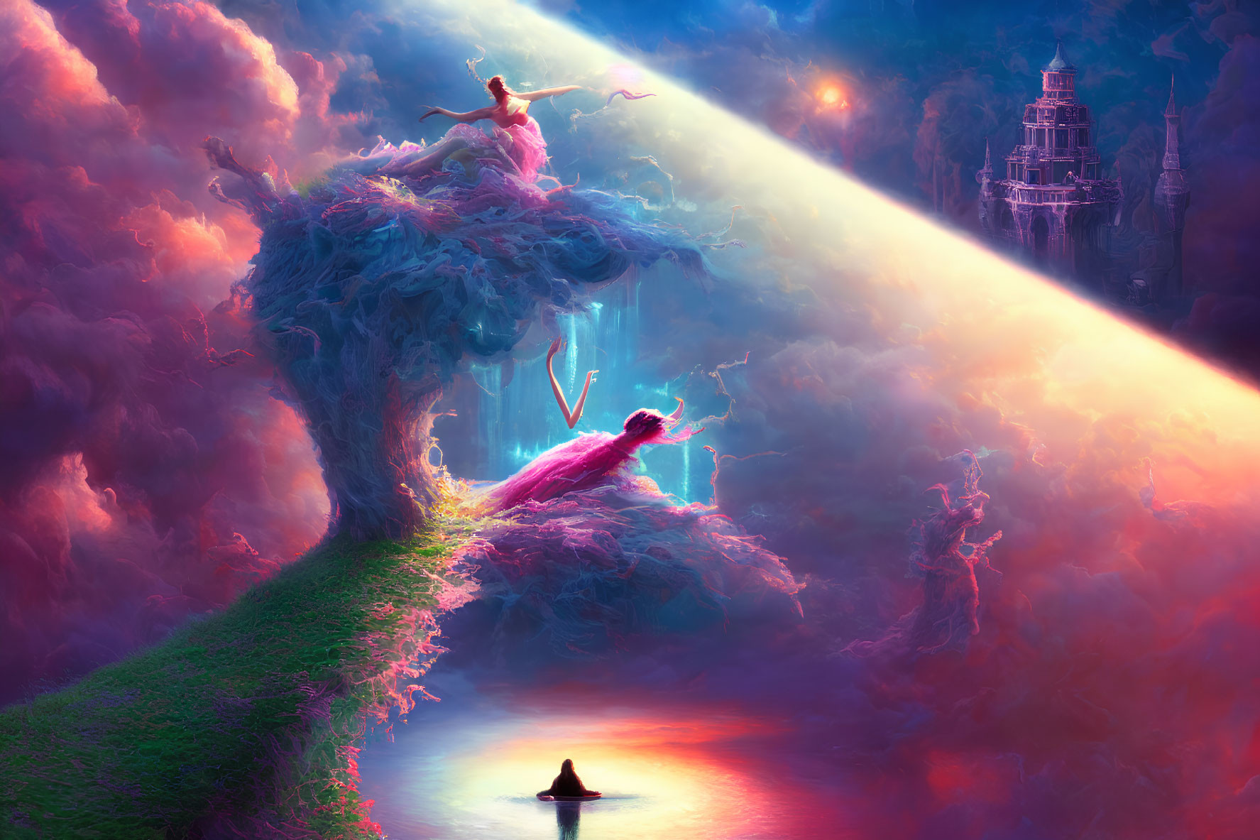 Colorful fantasy landscape with cascading water, figures on tree, boat, and structure.