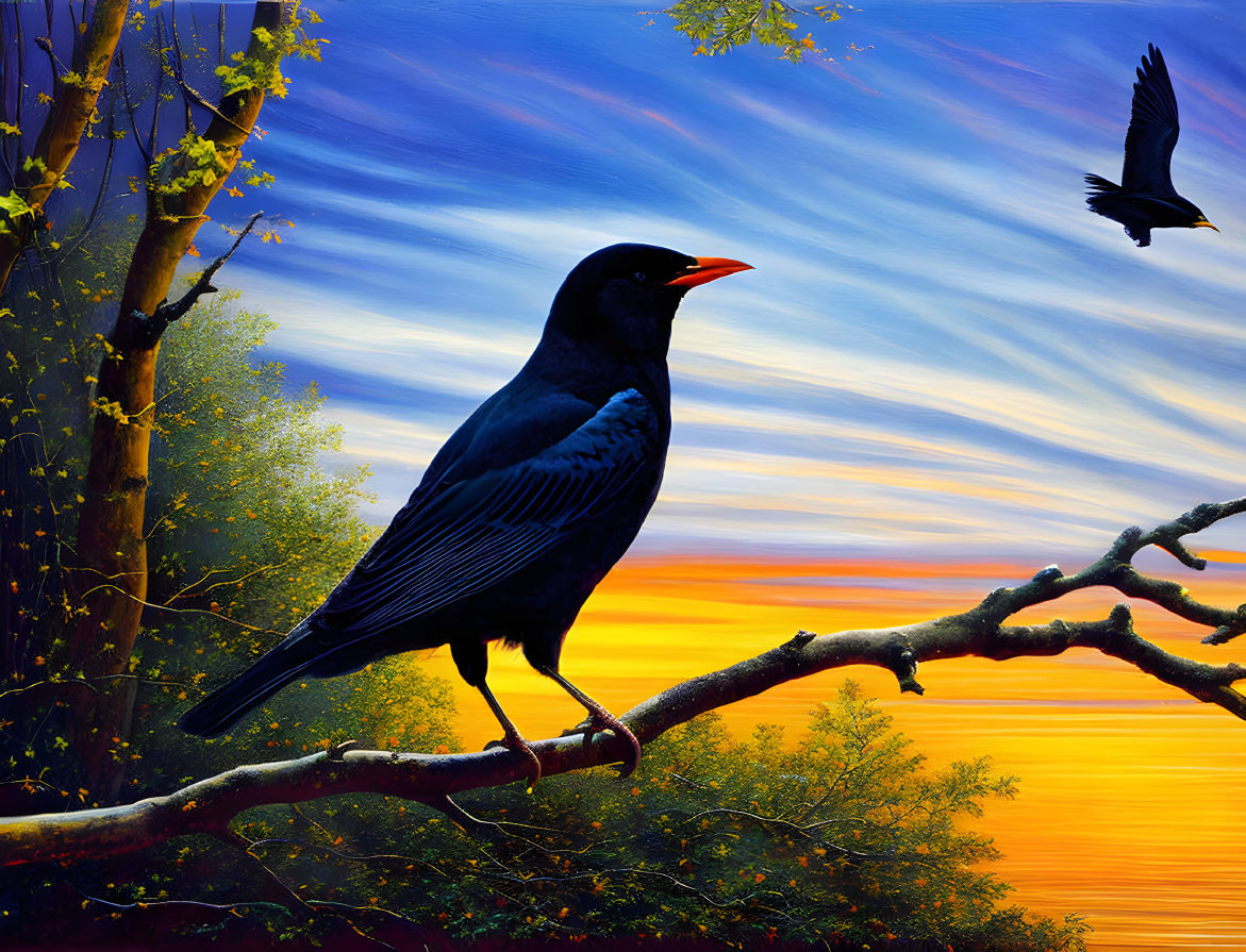 Blackbird perched on tree branch at sunset with colorful sky and flying bird