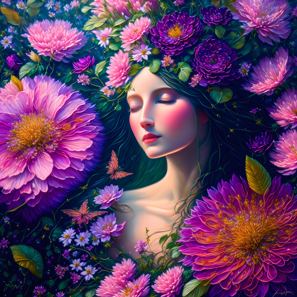 Serene woman with vibrant flowers and butterflies.