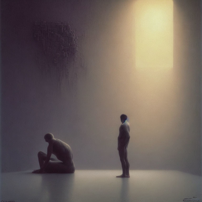 Dimly lit room with two figures: one seated in despair, the other standing by a bright window