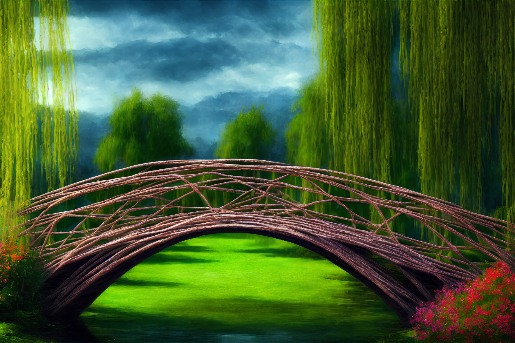 Tranquil stream with arched wooden bridge, lush greenery, weeping willows, vibrant