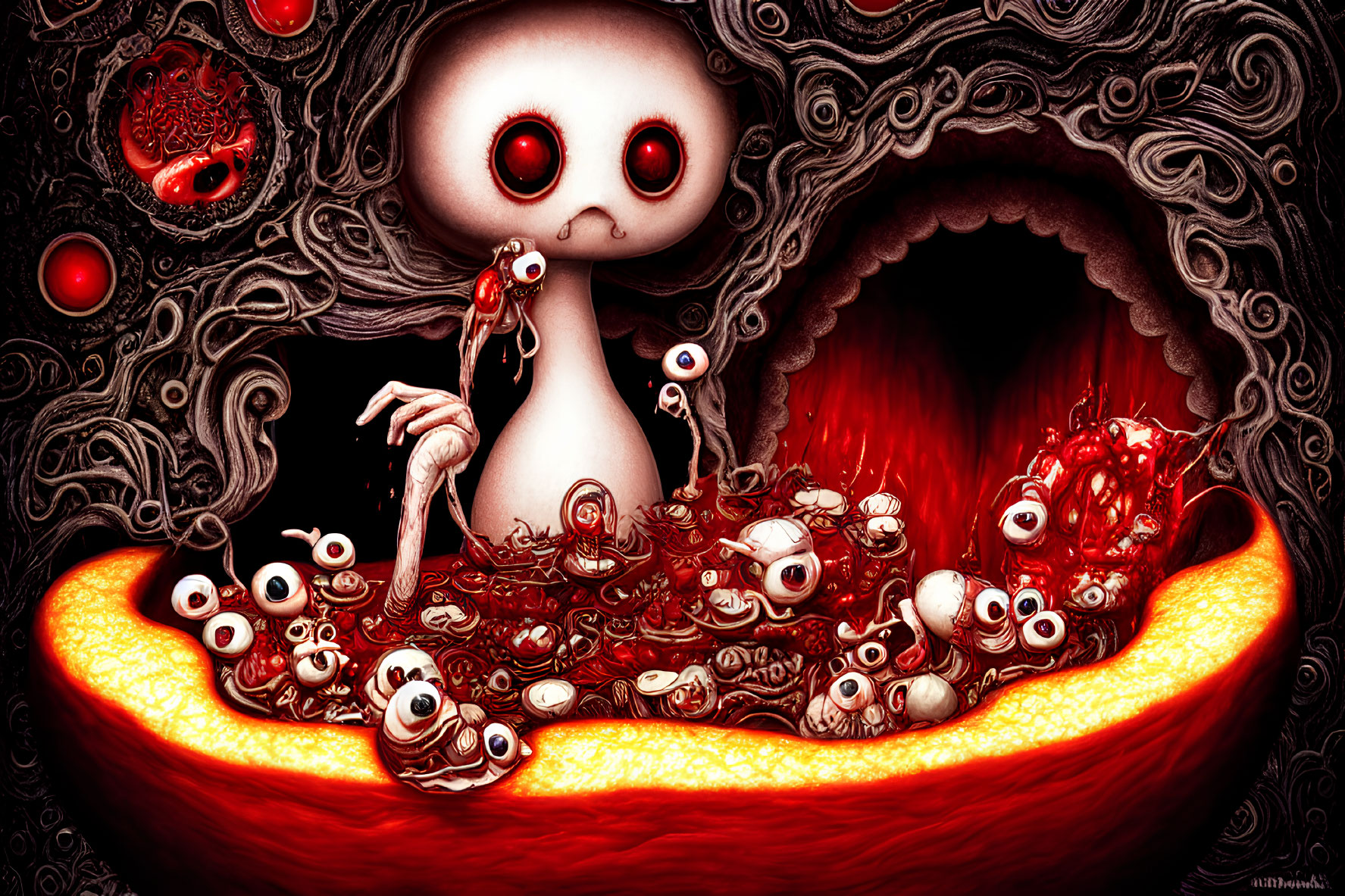 Surreal creature with large eyes in red and black palette