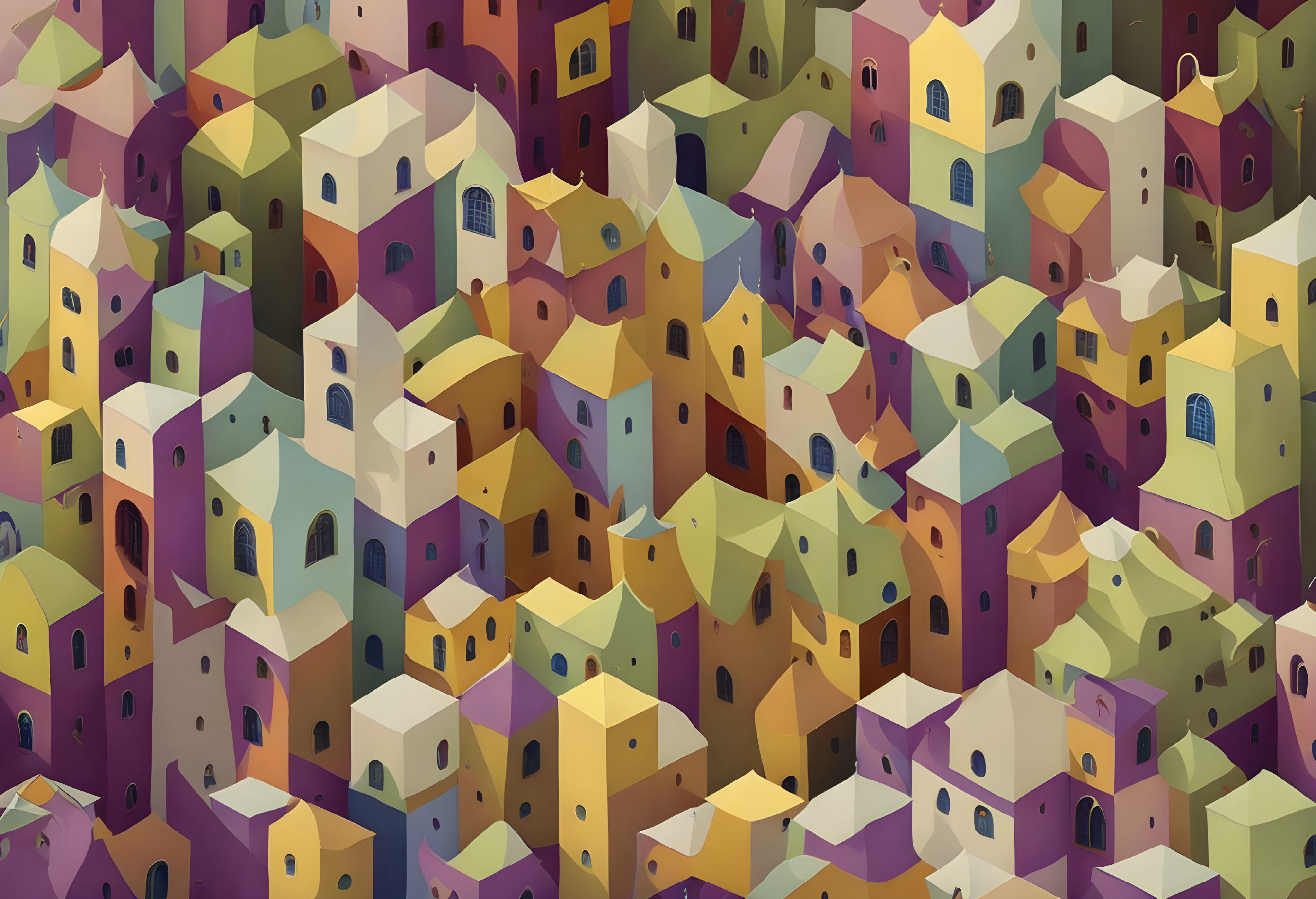 Vibrant cluster of stylized colorful houses in surreal pattern